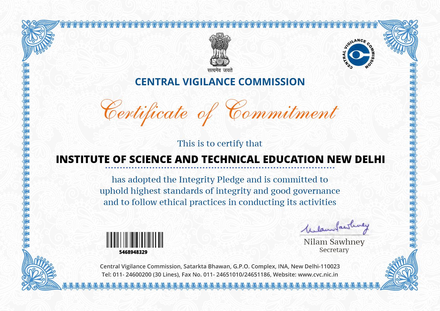 Certificate for Commitment CVC
